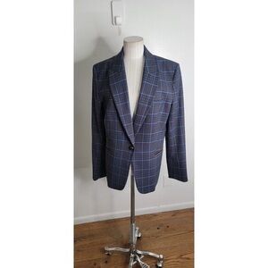 Veronica Beard One Button Blazer Blue Wool Blend 14 Blue Windowpane Plaid Patch